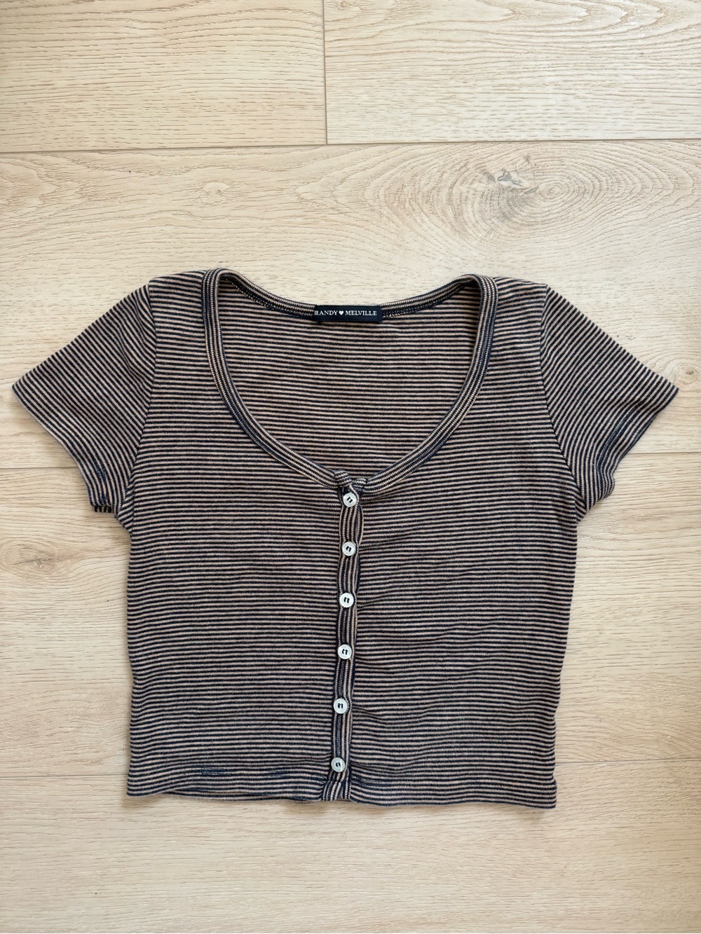 Brandy Melville Brown & Black Striped Button Crop Scoop neck Baby Tee Y2K Top S
